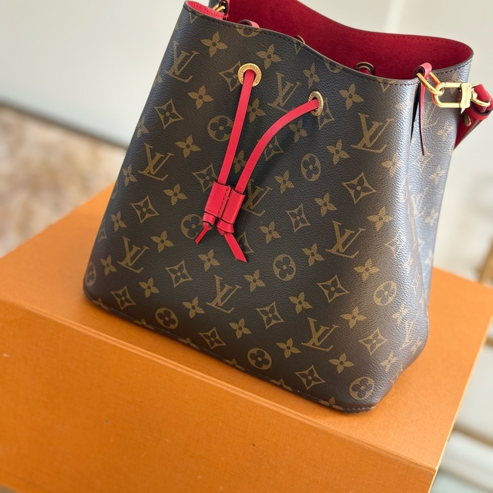 Louis Vuitton Monogram Brown and Red Bucket Bag